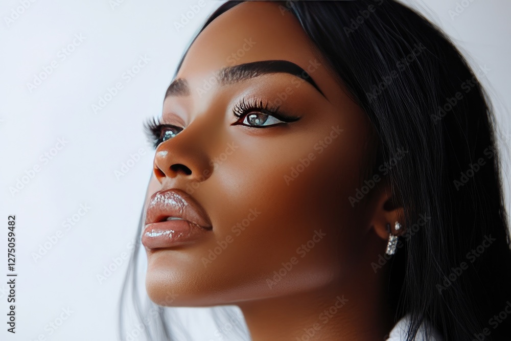 Naklejka premium A Black Woman Gazes Upwards With Hopeful Expression