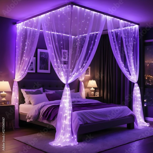 Romantic Bedroom with Purple Fairy Lights and Sheer Canopy