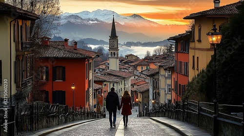 Couple walks uphill town, colorful buildings, snowy mountains, sunrise background, tourism photo