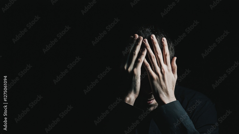 A person expressing deep emotional distress in a dark setting. A person expressing deep emotional distress in a dark setting.