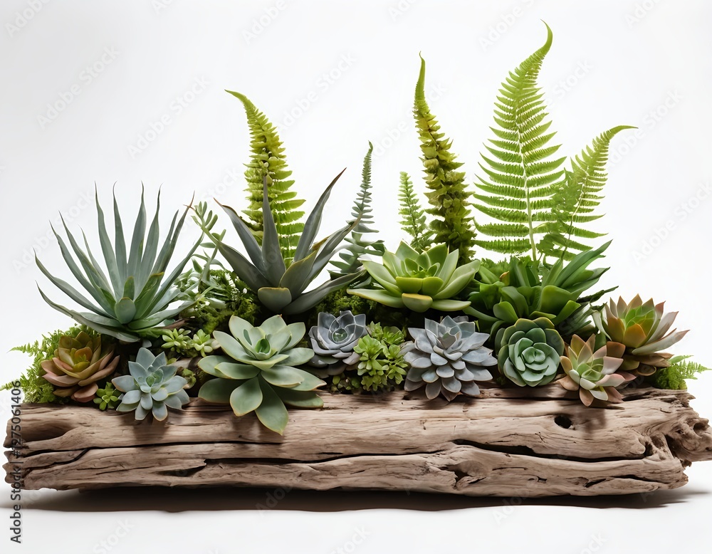 Fototapeta premium Succulents and Ferns in Driftwood Planter