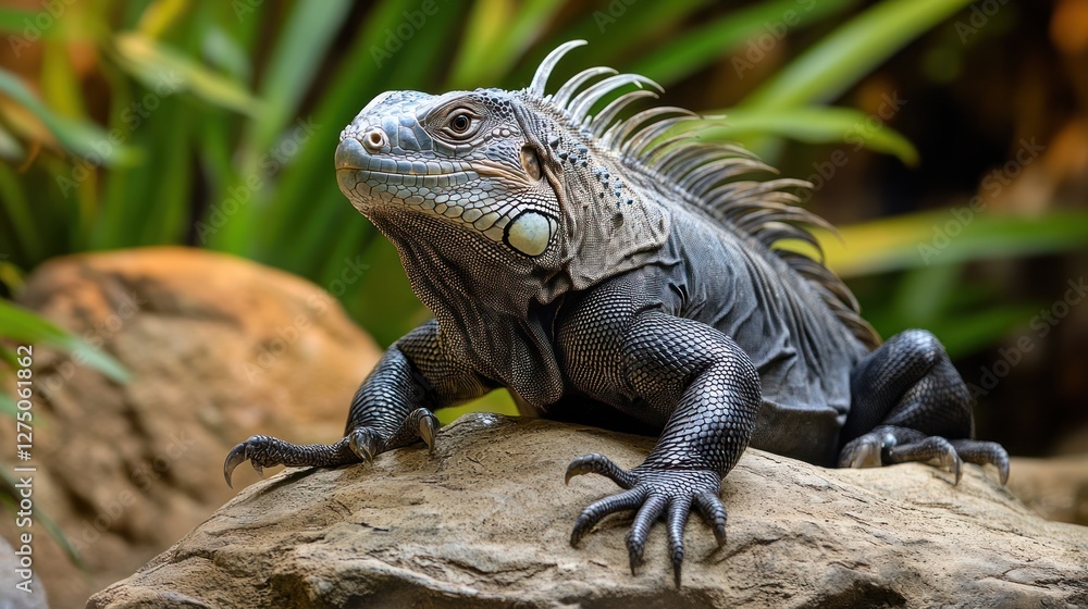 Obraz premium Majestic Iguana on Rock, Green Background