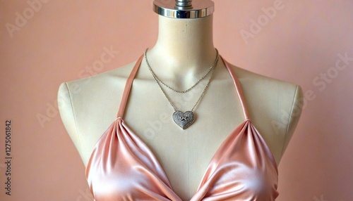 Mannequin in Pink Satin Halter Top with Heart Necklace photo