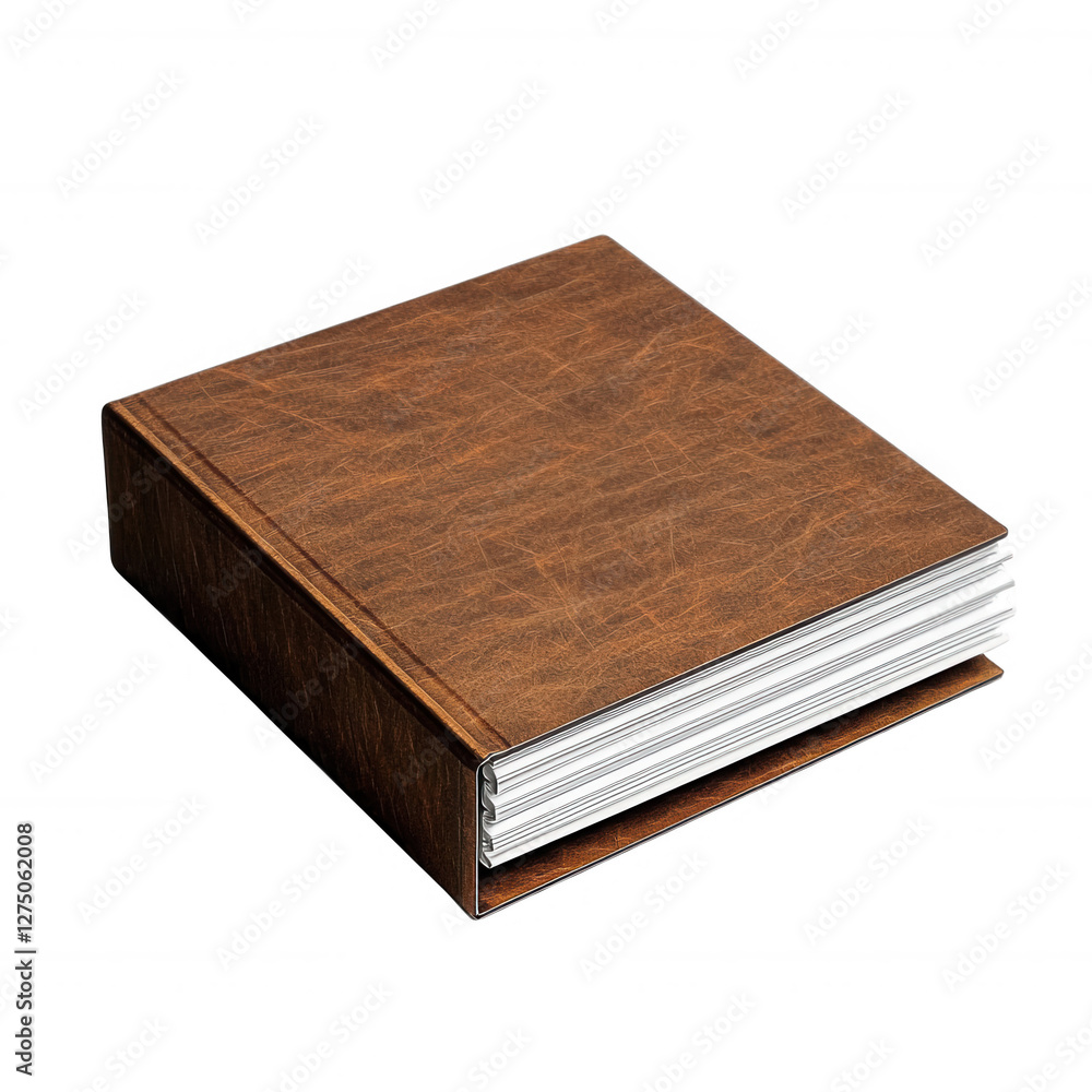 Square Brown Leather-Bound Book Showcasing Three-Ring Binder Mechanism