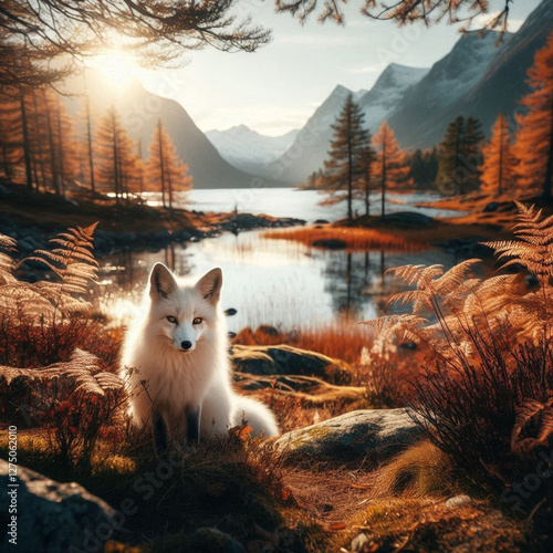 A beautiful white fox in a natural forest during autumn, standing near a serene lake with the sun shining, casting a warm glow over the cool, picturesque landscape