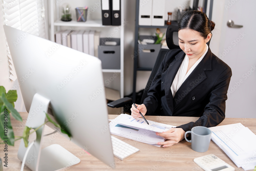 Business woman working on desktop computer reading financial document report in office. Business woman working on desktop computer reading financial document report in office.