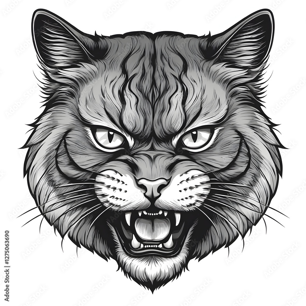 Obraz premium Aggressive Cat Head, Black and White Illustration