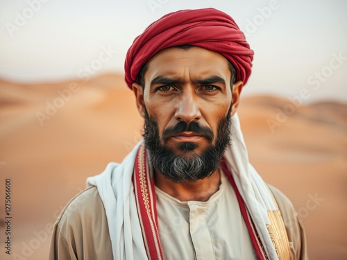 Portrait of a desert man in traditional turban and beard staring sternly at the camera, sand, culture, desert photo