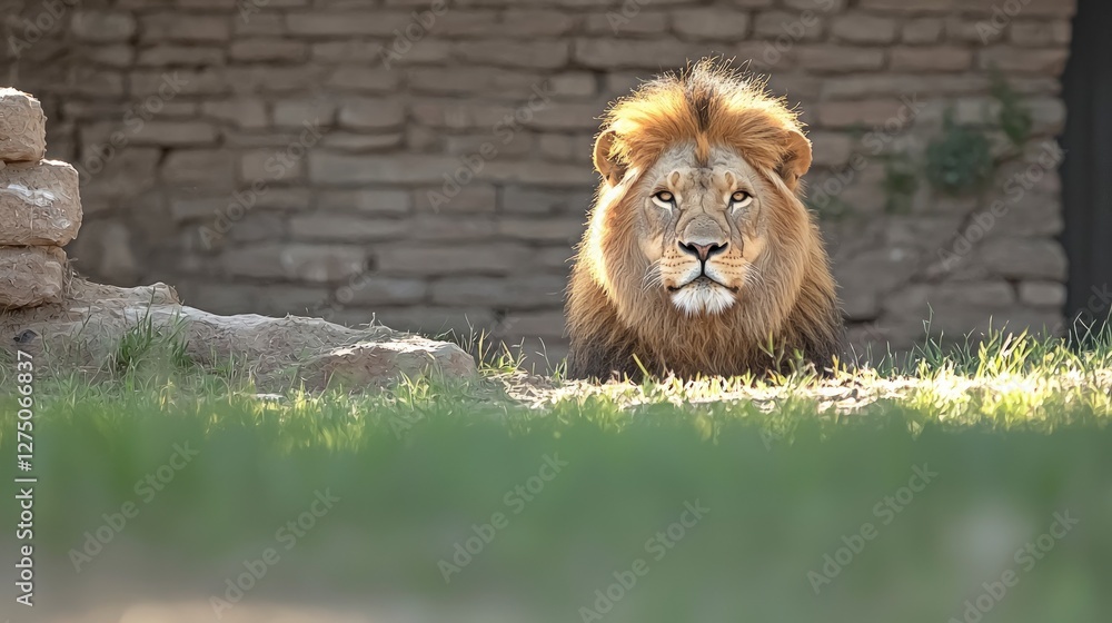 Naklejka premium Majestic Male Lion in Zoo Habitat Wildlife Photography