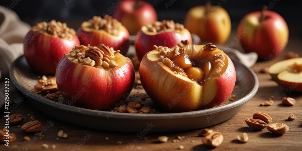 Naklejka premium Warm baked apples filled with a crunchy mixture of nuts and sweet honey , baked apples, warm