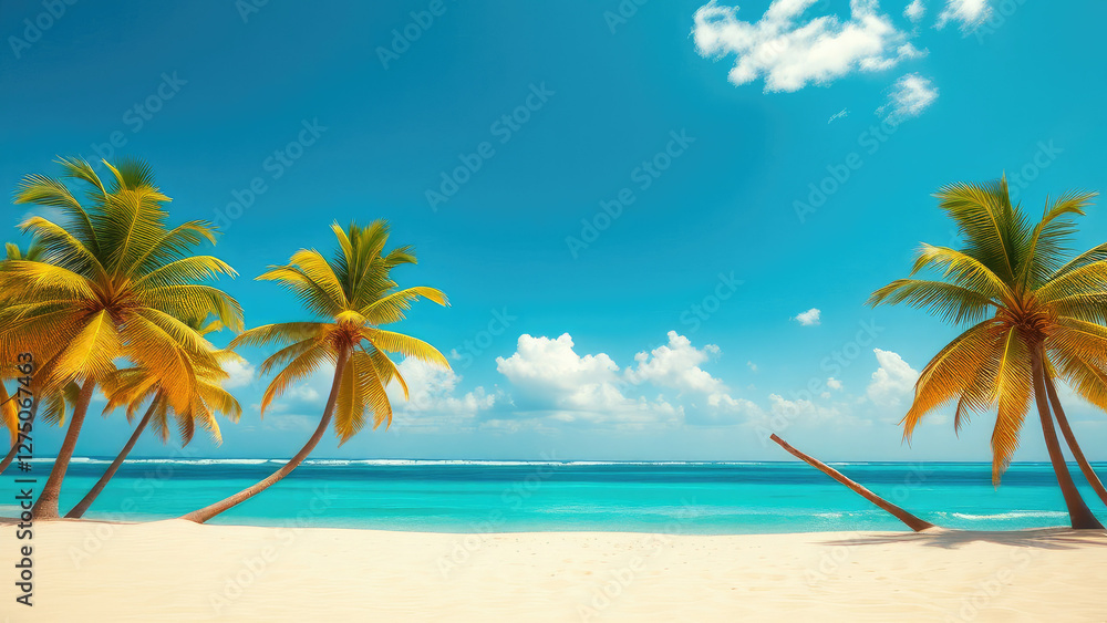 Obraz premium Warm sandy beach with swaying palm trees and turquoise water in the background, sun, palm trees, seaside, summer