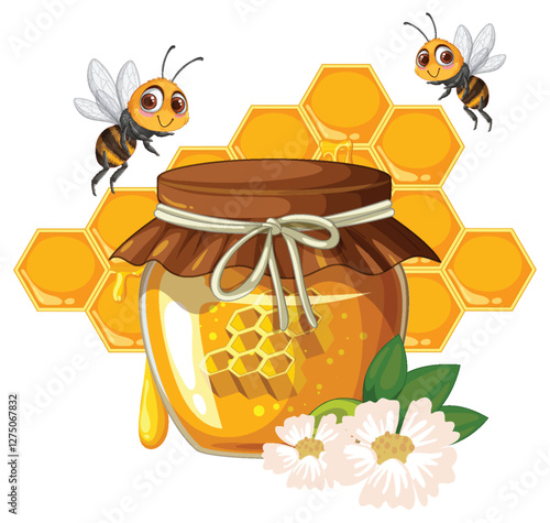 Honey Jar with Bees and Flowers