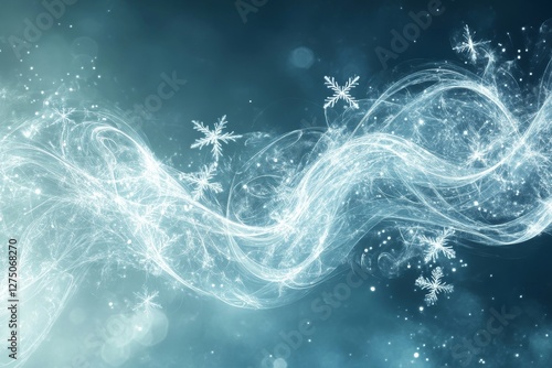 abstract holiday design with glowing silver swirls forming a snowflake pattern on a soft blue gradient background, Generative AI