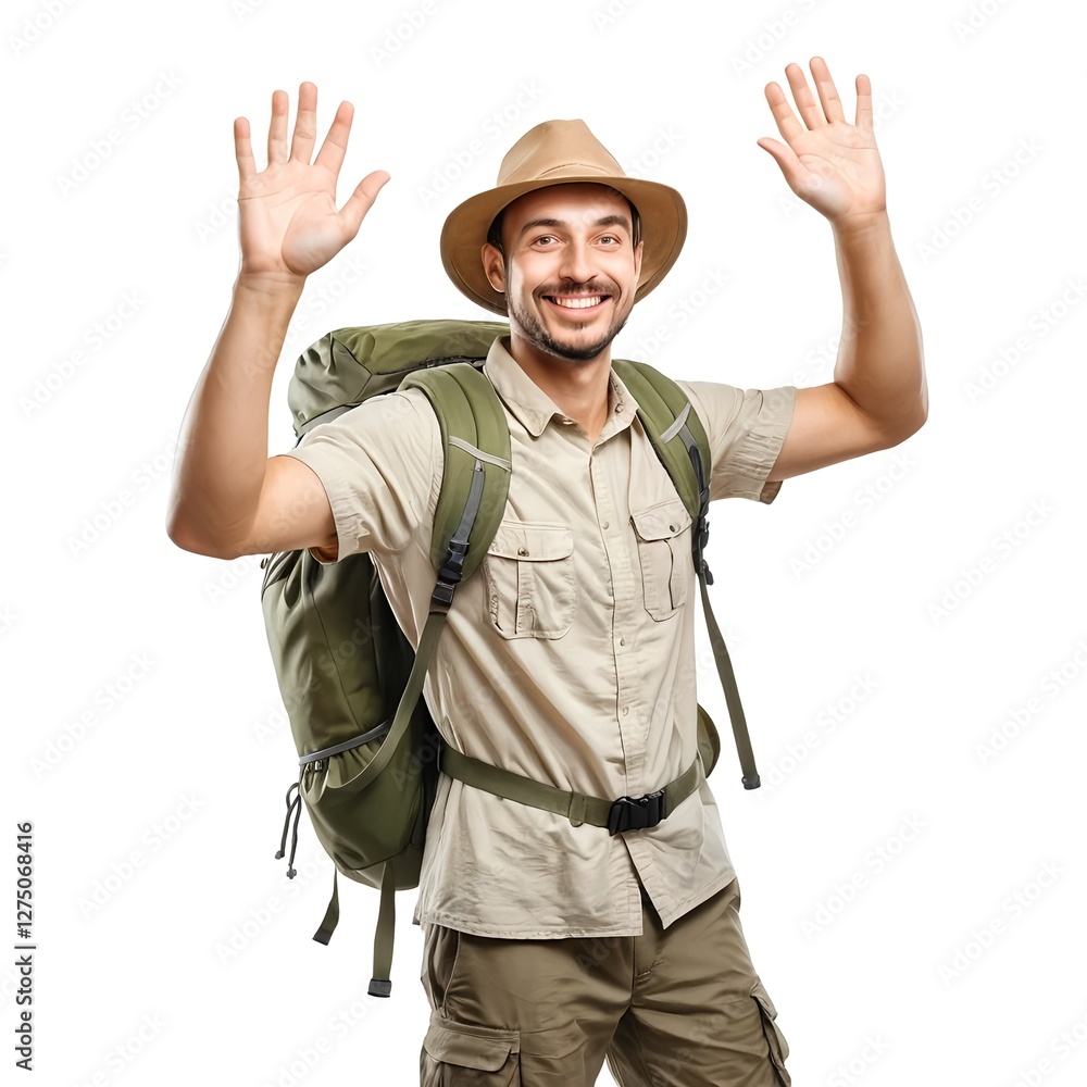 Happy Traveler with Backpack Waving Happy Traveler with Backpack Waving