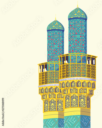 Majestic blue mosque towers with golden ornaments, shining beautifully in a serene Ramadan night sky