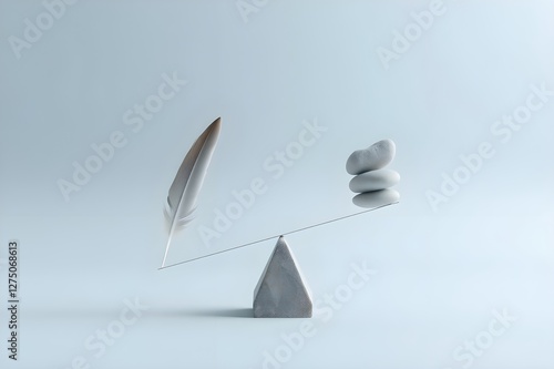 Feather and stone balancing scale. Solid background. Hard and easy method concept.