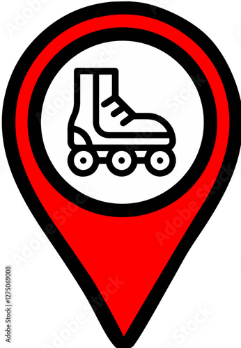 Red map point location icon for rollerdrome, inline skating places, inline skate rental shops, transparent background, symbolizing navigation or GPS positioning