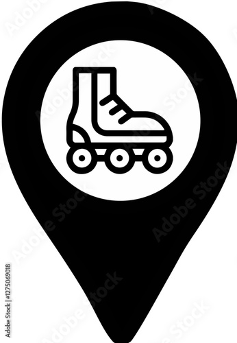 Black map point location icon for rollerdrome, inline skating places, inline skate rental shops, transparent background, symbolizing navigation or GPS positioning