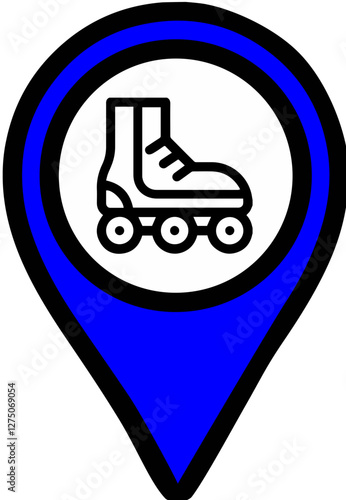 Blue map point location icon for rollerdrome, inline skating places, inline skate rental shops, transparent background, symbolizing navigation or GPS positioning