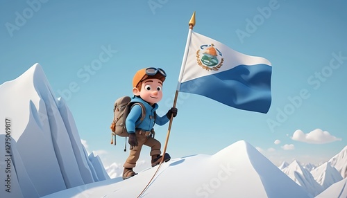 Cartoon Climber Plants Flag on Snowy Mountain Peak