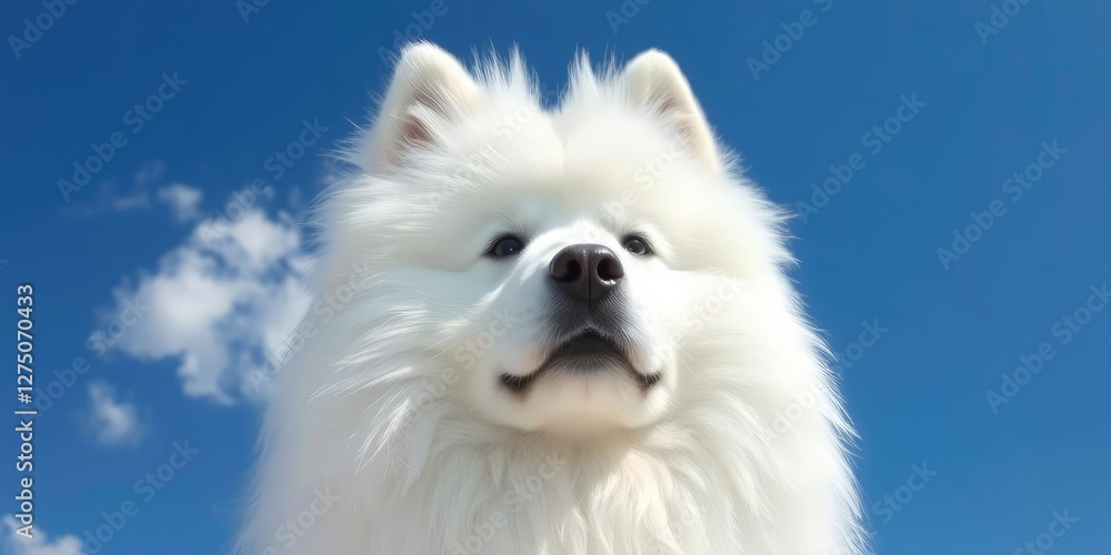 White, wispy clouds with rounded edges, forming the outline of a Samoyed's face, against a brilliant blue sky, fur, blue White, wispy clouds with rounded edges, forming the outline of a Samoyed's face, against a brilliant blue sky, fur, blue
