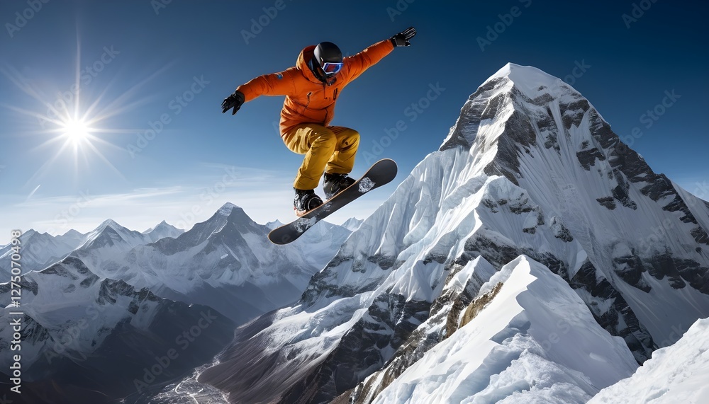Snowboarder Soaring Above Himalayan Peaks Snowboarder Soaring Above Himalayan Peaks