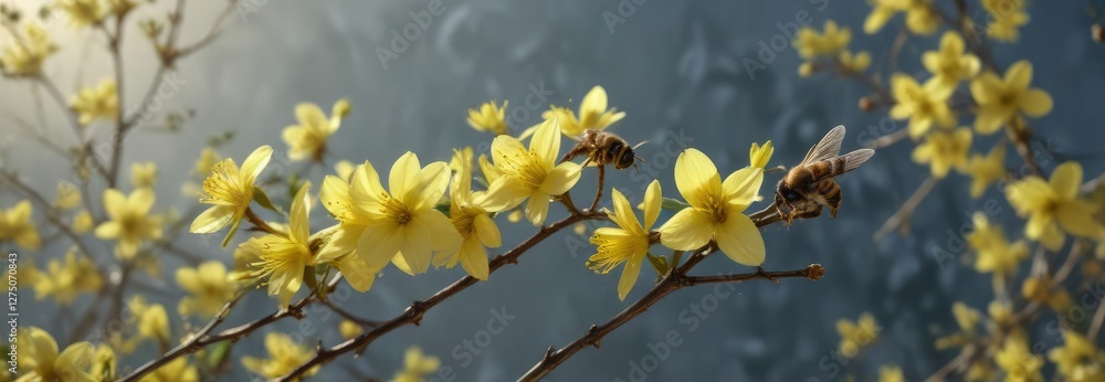 Winter jasmine flowers covered in a layer of bees collecting nectar and honey , bees, winter Winter jasmine flowers covered in a layer of bees collecting nectar and honey , bees, winter