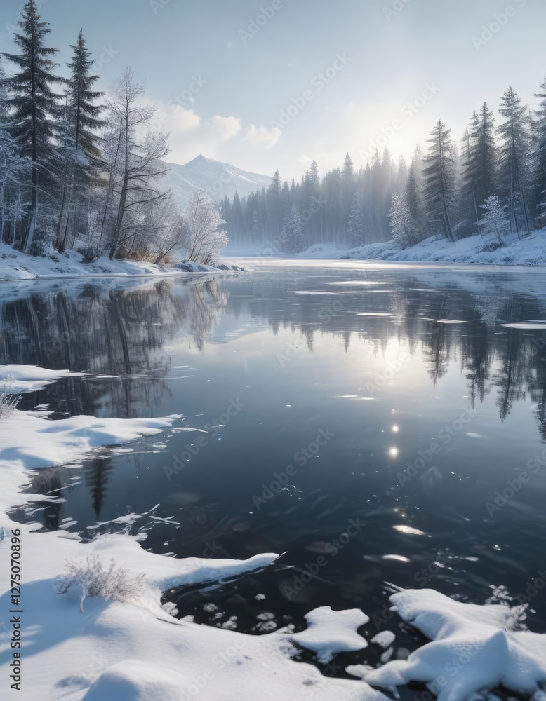 Fototapeta premium Winter scene of snowflakes gently falling on a frozen lake, frozen lake, snowflakes, winter landscape