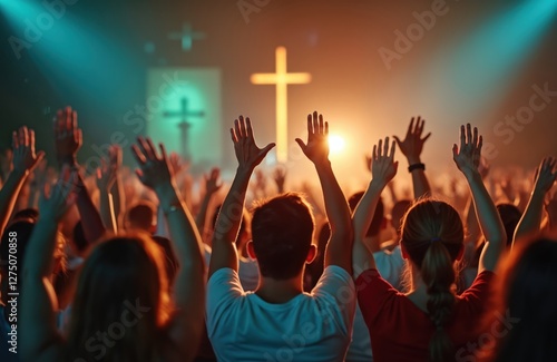 Back view of people with raised hands worshiping in church. Religious christian gathering praising God, praying to Jesus Christ. Spirituality concept of faith and hope.