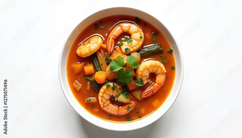 Hearty seafood gumbo with shrimp and vegetables served in white bowl. Spicy homemade creole dish with parsley, aromatic herbs. Delicious lunch, warm tasty dinner recipe. Hearty seafood gumbo with shrimp and vegetables served in white bowl. Spicy homemade creole dish with parsley, aromatic herbs. Delicious lunch, warm tasty dinner recipe.
