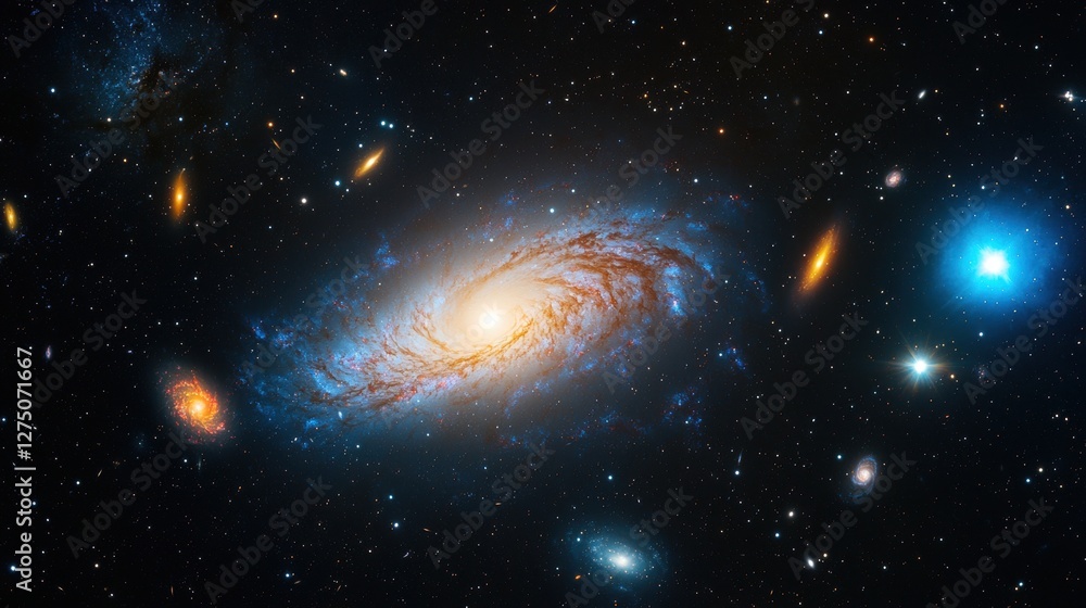 Fototapeta premium A large spiral galaxy with bright stars and cosmic dust in a starry night sky background