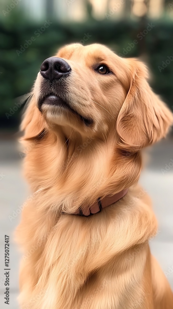 Golden Retriever Looking Up, Outdoor City Scene Golden Retriever Looking Up, Outdoor City Scene