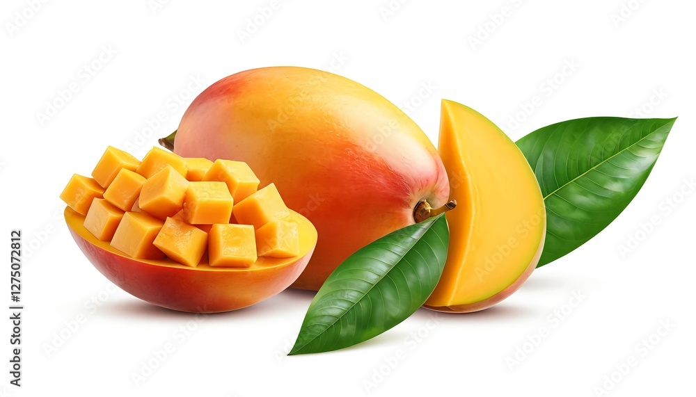 Fresh Mango with Cubes and Leaves Fresh Mango with Cubes and Leaves