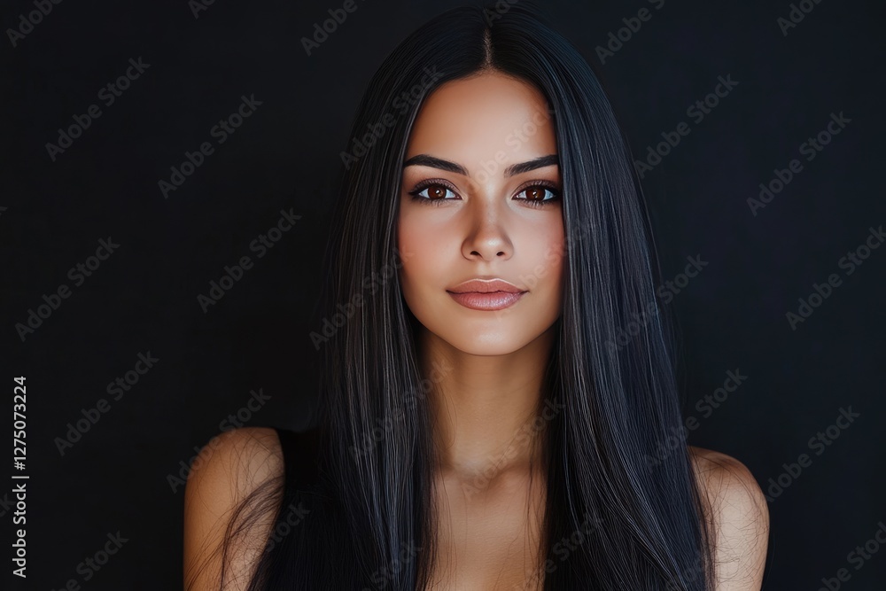Fototapeta premium A woman with long dark hair poses against a black background