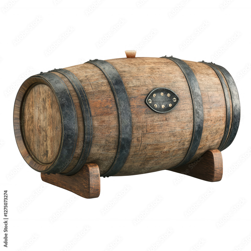 Weathered Wooden Barrel with Iron Hoops and Metal Plaque Weathered Wooden Barrel with Iron Hoops and Metal Plaque