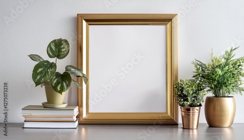 Elegant PlantFilled Gold Metal Frame Poster Mockup Sits on a Table, Adding Luxury and Organic Touches to Any Space with its Vibrant Green Plants and Classic Metallic Finish.
