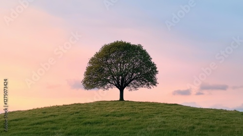 A solitary tree stands atop a grassy hill under a colorful sky, creating a serene and picturesque landscape.