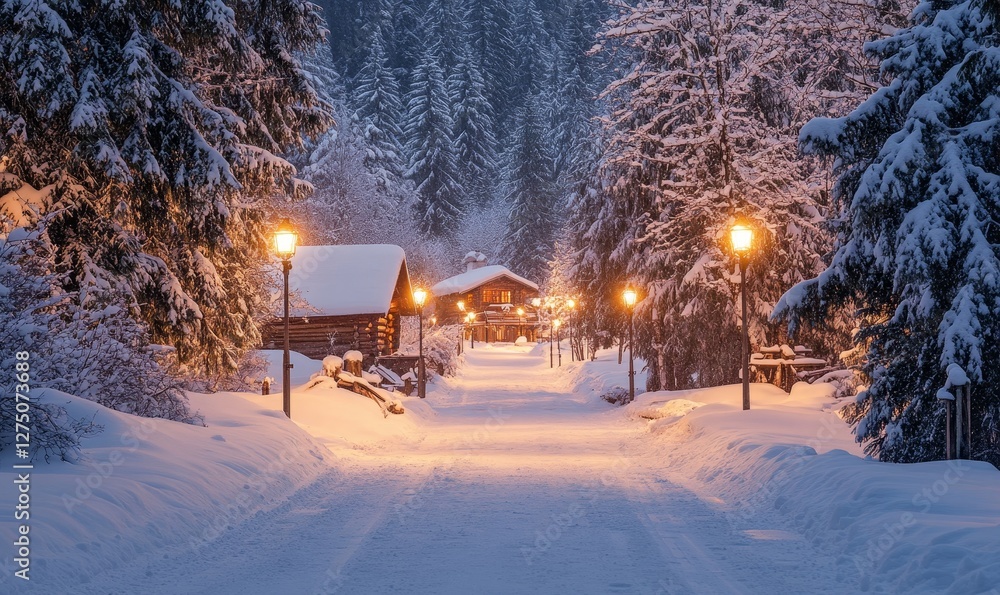 serene snowy trail bordered by softly glowing streetlights, leading to a rustic cabin nestled among tall frosted evergreens, Generative AI
