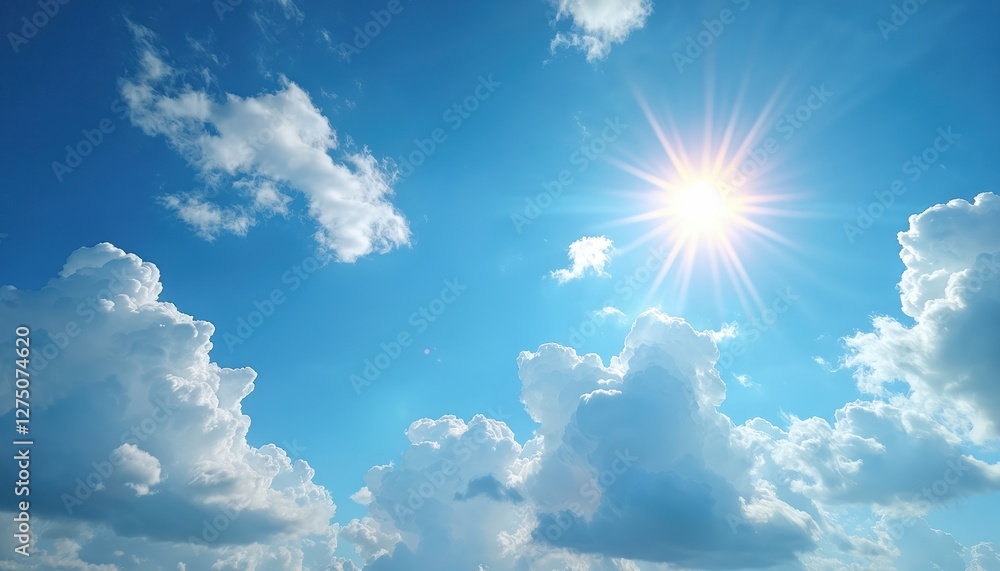Scenic blue sky view with fluffy white clouds illuminated by sunlight. Beautiful cloudscape background in morning light. Concept of freedom, hope, joy and travel backdrop. Scenic blue sky view with fluffy white clouds illuminated by sunlight. Beautiful cloudscape background in morning light. Concept of freedom, hope, joy and travel backdrop.