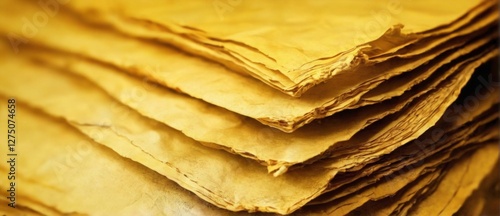 Closeup of layered yellow textured paper stack with frayed edges, wrinkled surface, and aged appearance on blurred background. photo