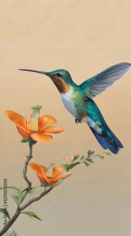 Obraz premium Picturesque Hummingbird in Flight on Branch with Orange Flowers and Green Leaves, Vibrant Colors and Serene Mood.