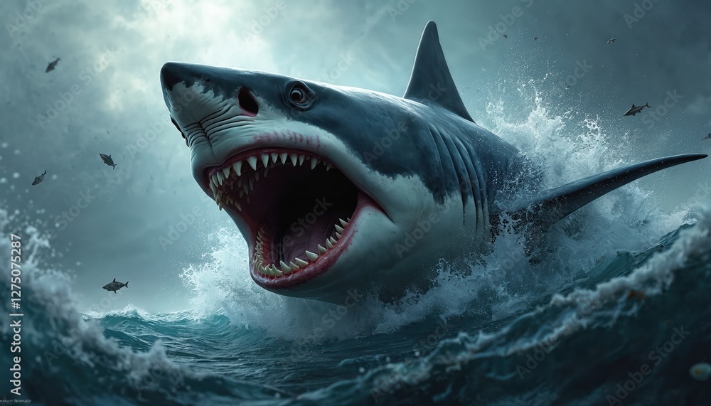 Naklejka premium Great white shark with open mouth full sharp teeth in wavy sea. Dangerous predator swims hunt ocean. Underwater marine wildlife three-dimensional illustration. Ripples and sunlight background.