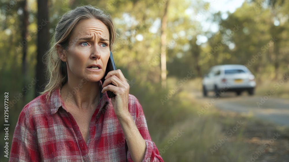 Woman on phone roadside car trouble distressed Woman on phone roadside car trouble distressed
