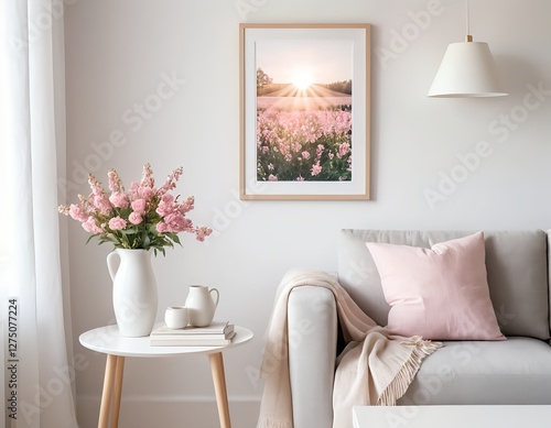 Cozy Living Room Interior with Pink Flowers and Sunset Artwork