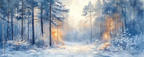 winter scene of a snowy forest with glowing lights, painted in soft watercolor shades, Generative AI
