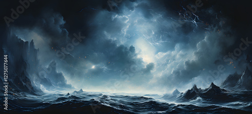 biblical creation of the world, dark night, seems like the ocean and the wind come together in one, ai generative