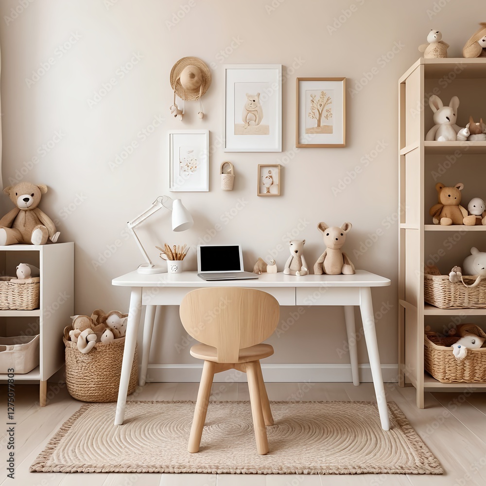 Child's Playful and Organized Workspace in a Neutral Nursery Child's Playful and Organized Workspace in a Neutral Nursery