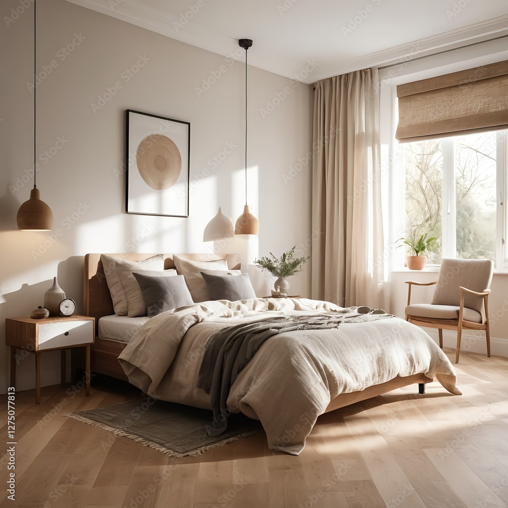 Fototapeta premium Modern Beige Bedroom Interior Design