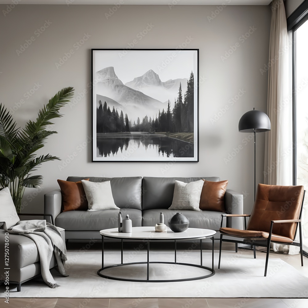 Fototapeta premium Modern Living Room Interior with Grey Sofa, Mountain View Artwork, and Leather Armchair