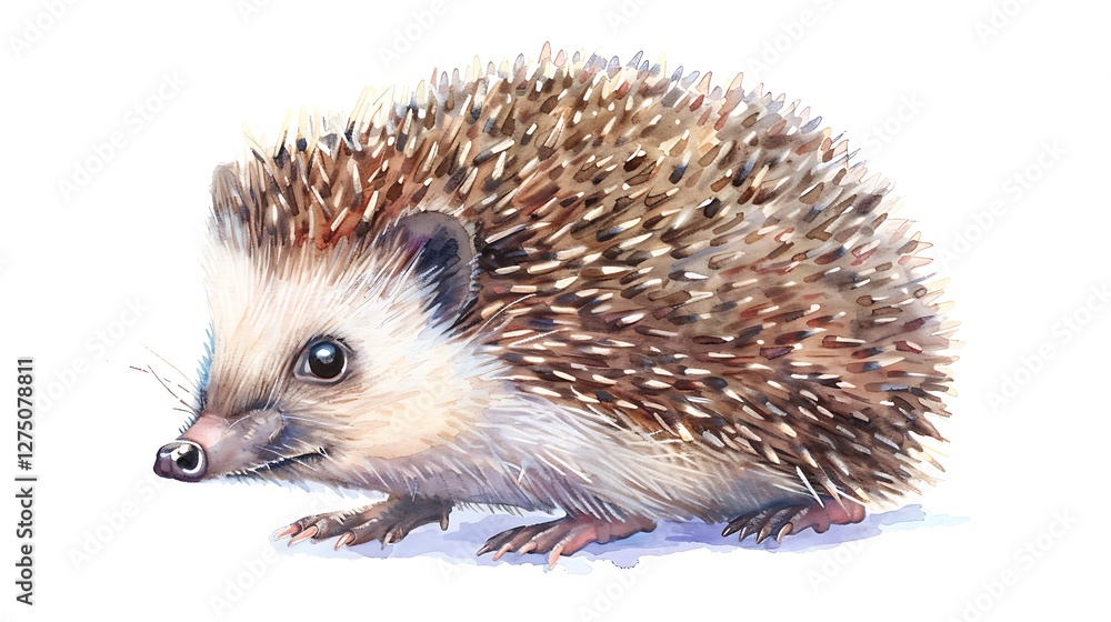Obraz premium Cute hedgehog illustration in a hand-drawn watercolor technique with pastel tones, depicted in a fun, textured crayon style, set against a simple white background. 8k UHD, suitable for high-quality